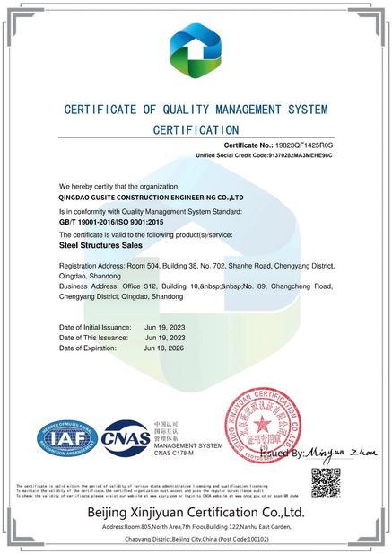Porcellana QINGDAO GUSITE CONSTRUCTION ENGINEERING CO.,LTD Certificazioni